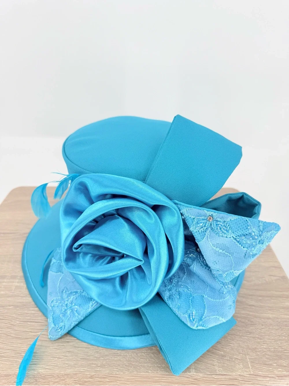 Studio B Blue Opening Day Derby Hat Rose Lace Feather Race Day Church Statement